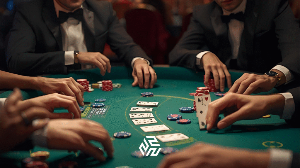 Cards on the casino table, players playing Poker