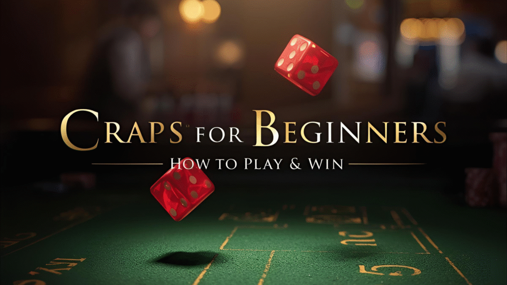 Craps dice rolling on a green table under spotlight, symbolizing learning how to play and win.