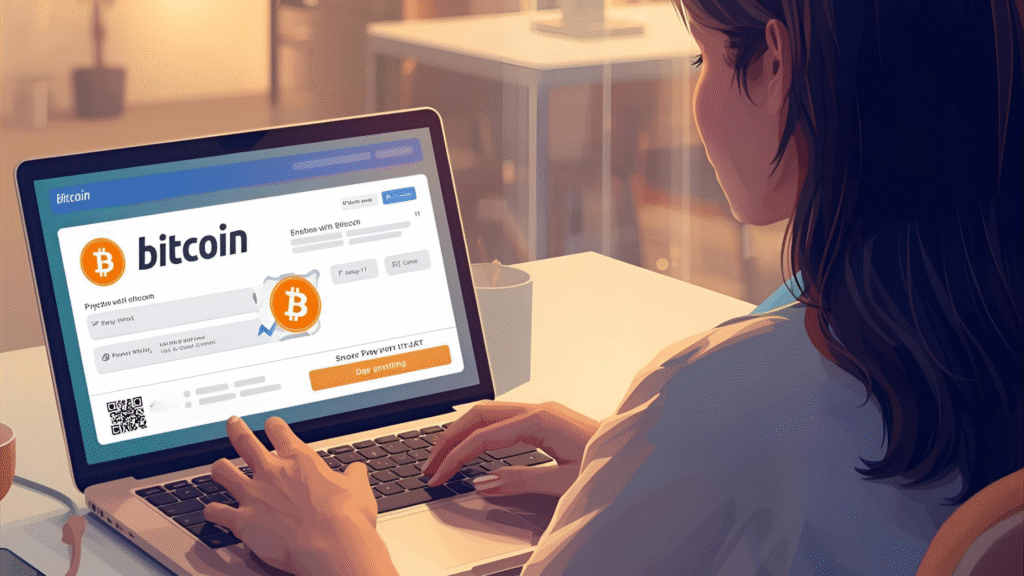 A person using a laptop to complete an online purchase with Bitcoin, showing a digital wallet scanning a QR code at checkout.