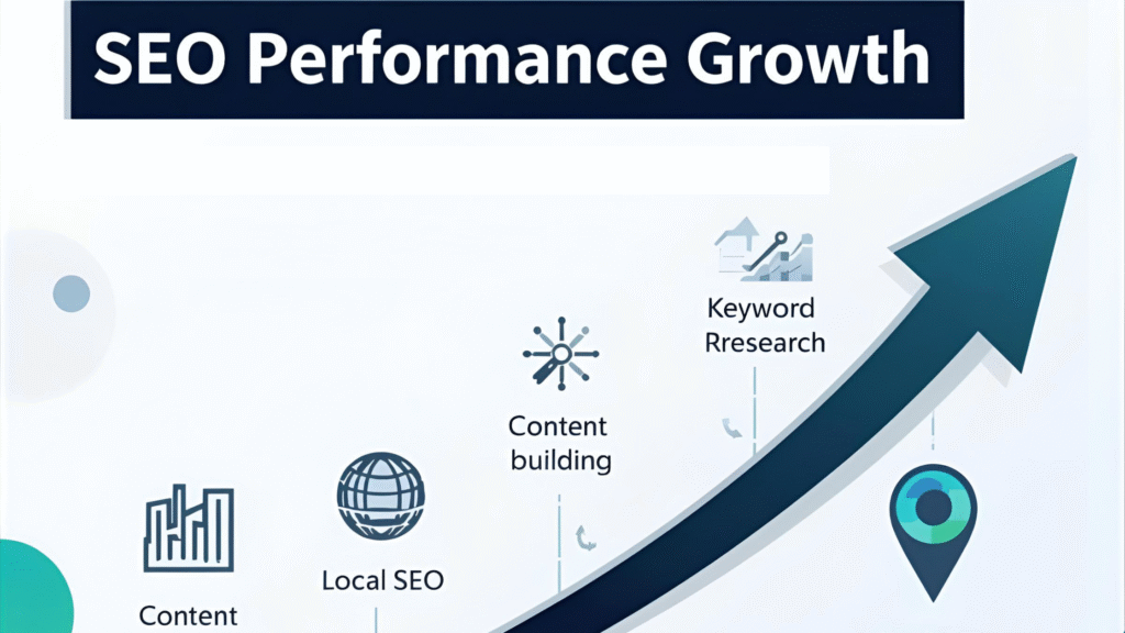 Infographic showing SEO performance growth and key strategies for business success.