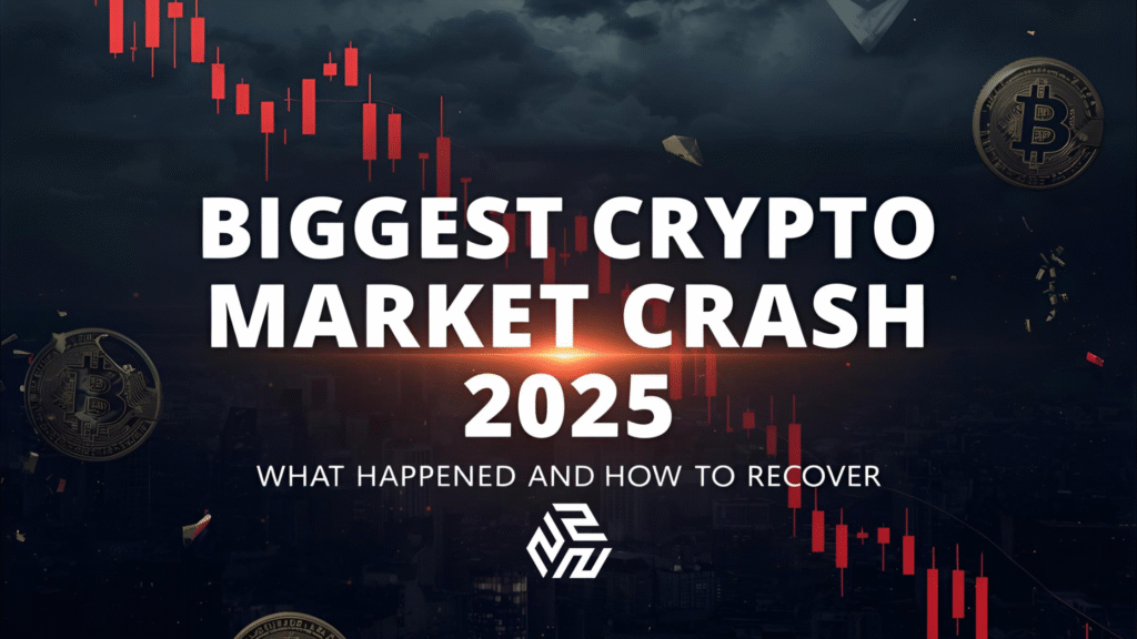 Featured image showing the 2025 crypto market crash with falling Bitcoin and red trading charts.