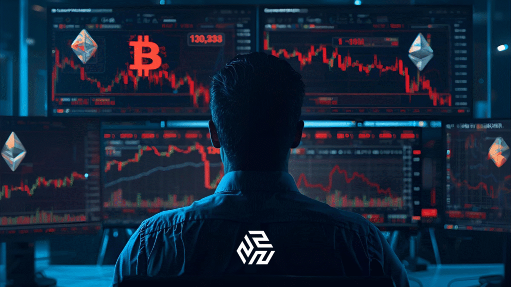 Trader analyzing the 2025 crypto market crash with red charts and falling Bitcoin prices.