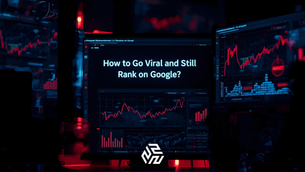 A dark-themed workspace with glowing screens showing viral social media and SEO analytics.