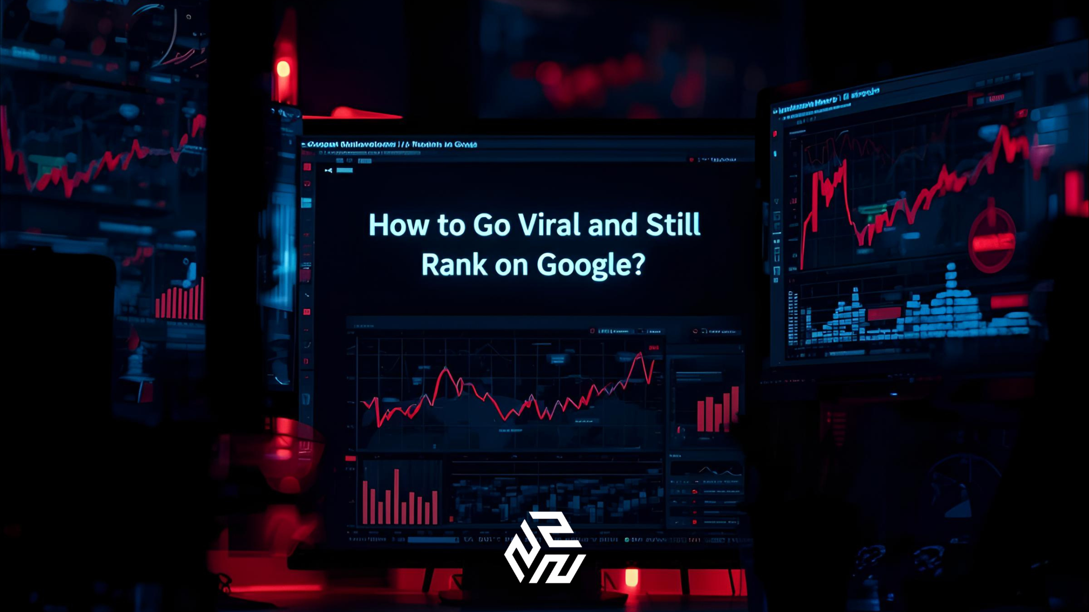 A dark-themed workspace with glowing screens showing viral social media and SEO analytics.