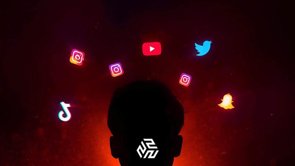 A focused content creator surrounded by glowing social media icons in a dim, creative workspace.