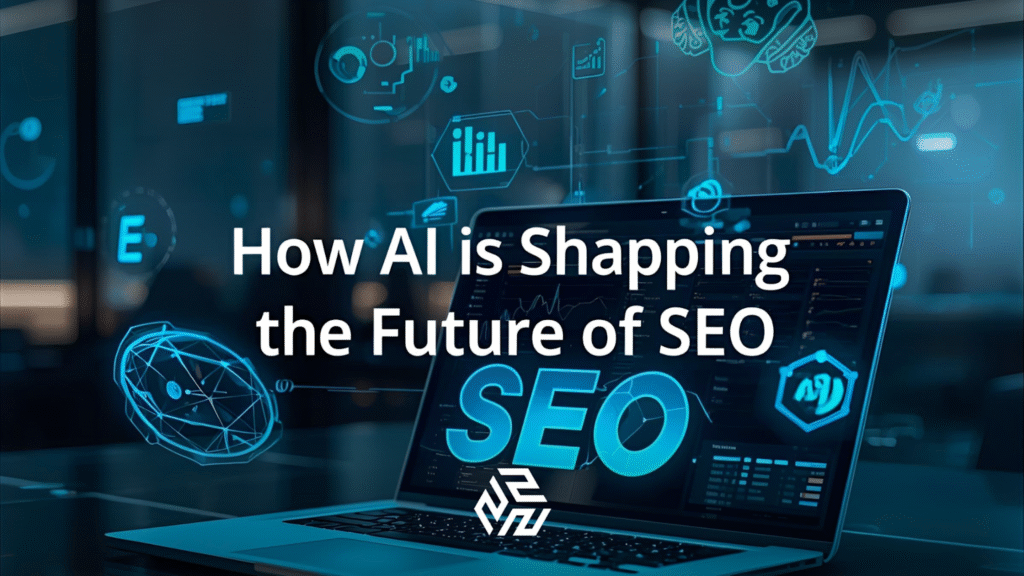 Futuristic workspace showing AI-powered SEO concept with digital analytics and holographic effects.