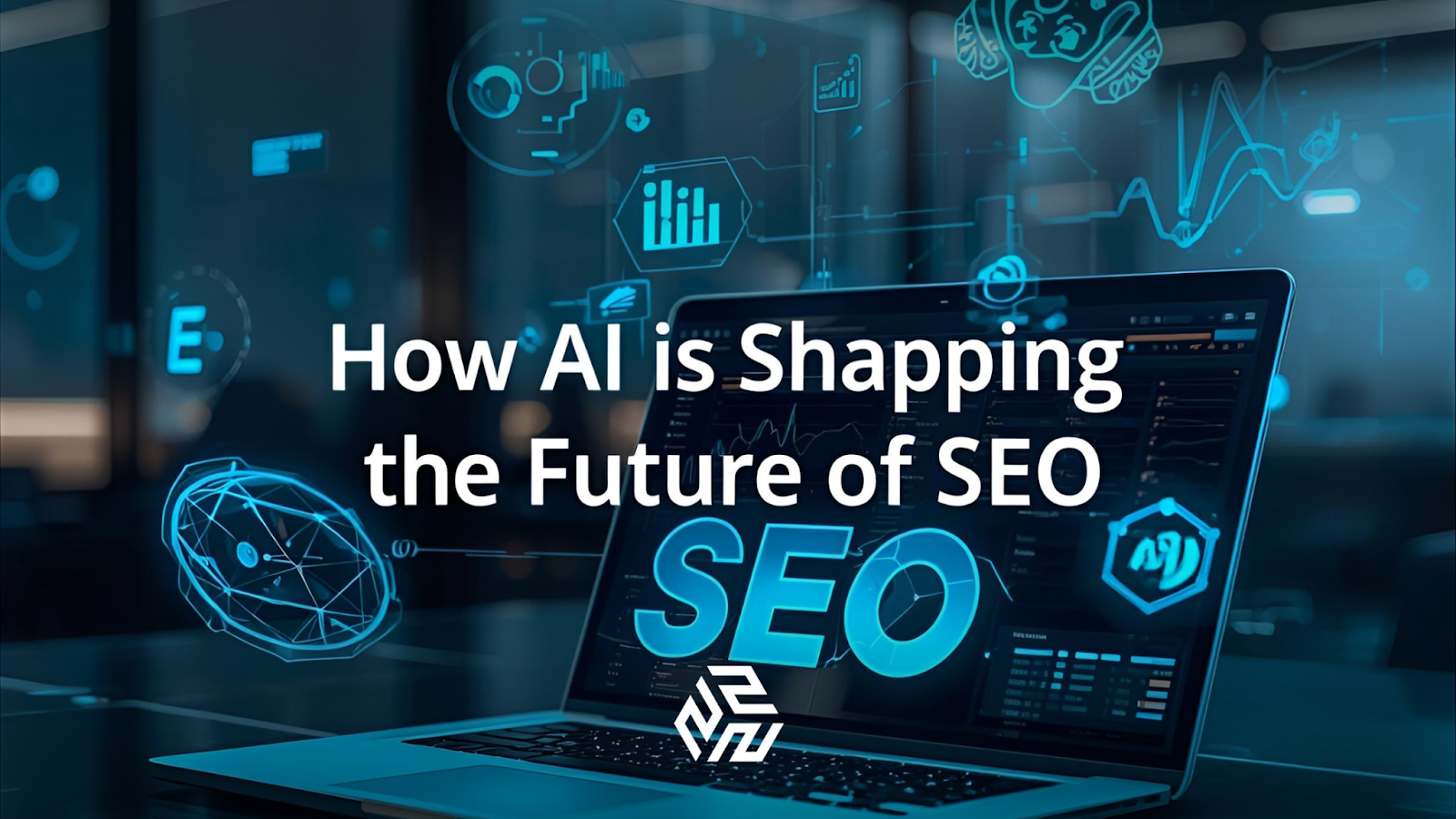 Futuristic workspace showing AI-powered SEO concept with digital analytics and holographic effects.