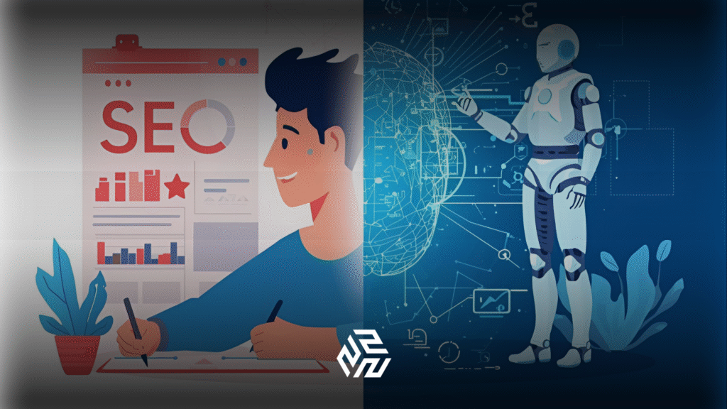 Illustration of human and AI collaboration for SEO optimization.