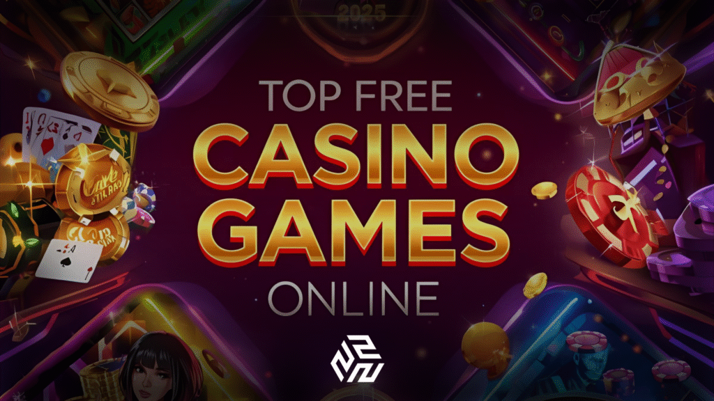Top Free Casino Games Online 2025 digital illustration with popular free casino games on mobile and desktop screens.