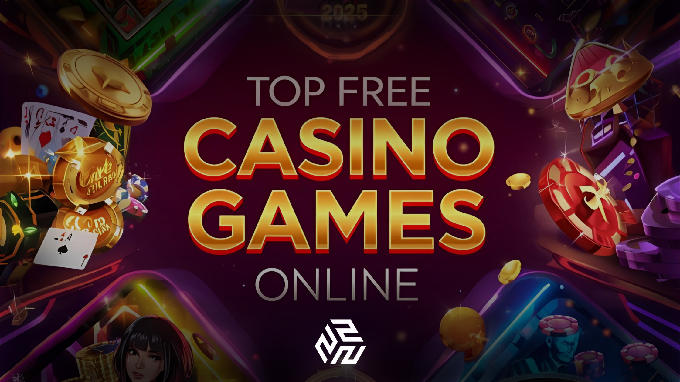 Top Free Casino Games Online 2025 digital illustration with popular free casino games on mobile and desktop screens.