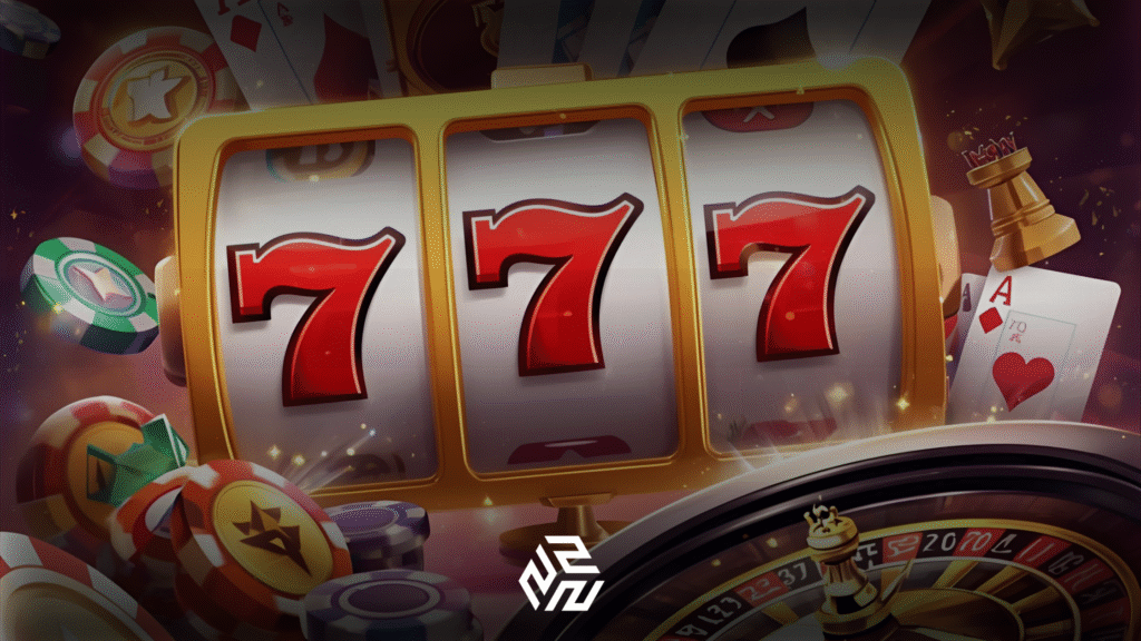 Vibrant 3D illustration of free online casino games like slots, poker, and roulette in action.