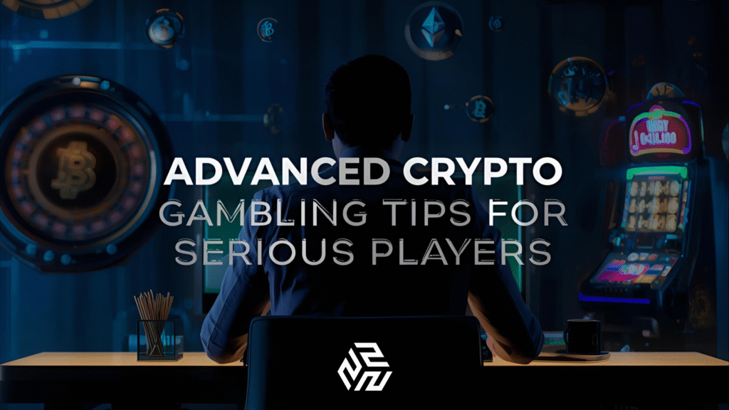 Professional gambler at a glowing desk surrounded by crypto symbols and casino elements.