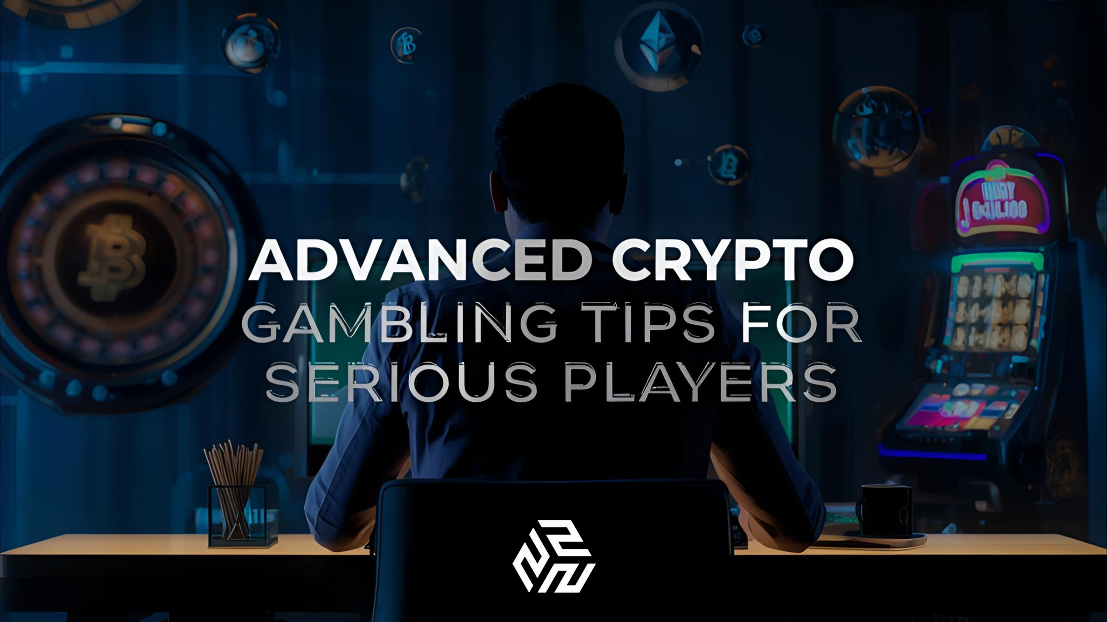 Professional gambler at a glowing desk surrounded by crypto symbols and casino elements.