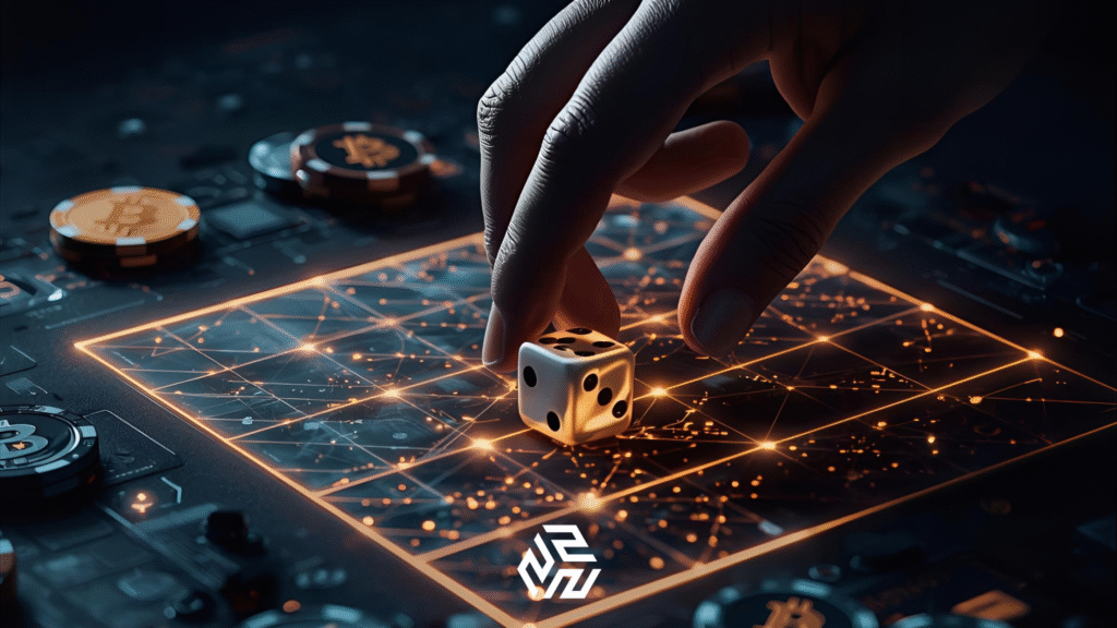 Digital dice rolling over blockchain with crypto and casino symbols.