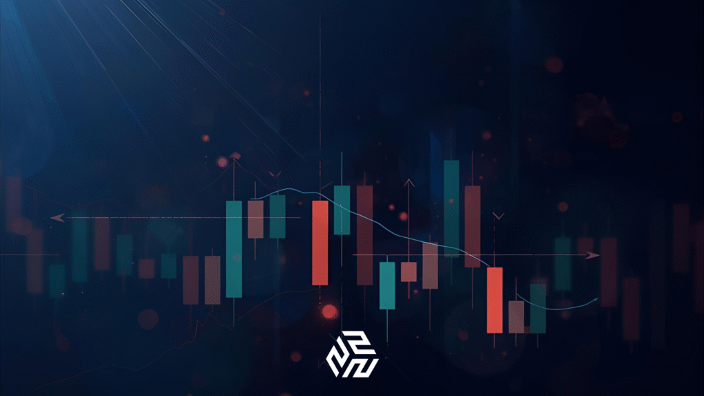 Forex trading strategy with candlestick chart and trend arrows.