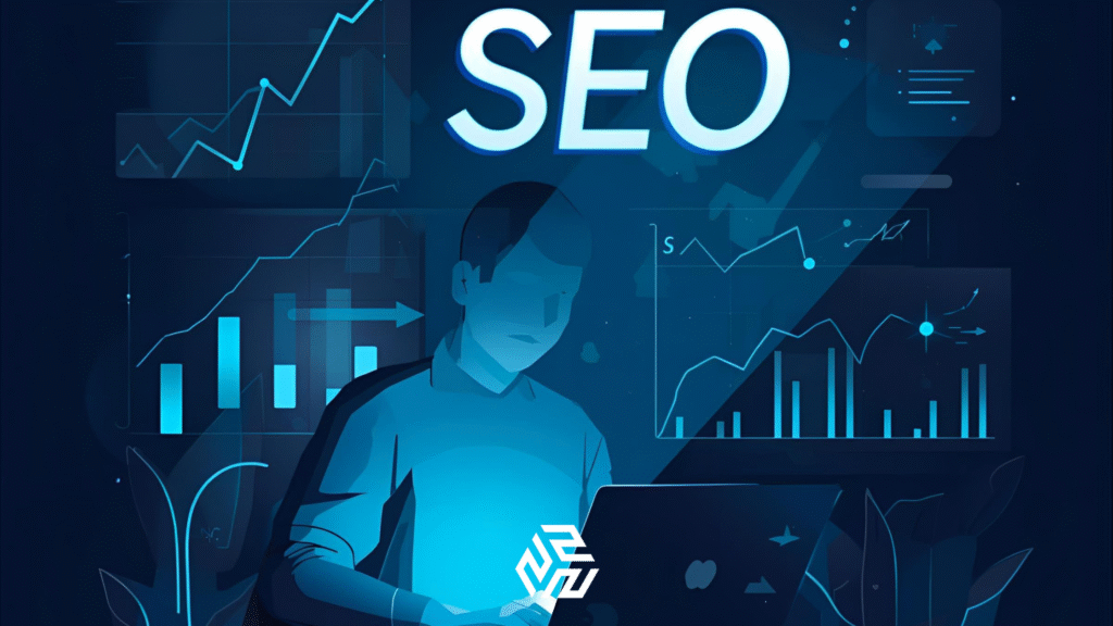 Illustration showing SEO analytics and keyword growth for organic marketing strategy.