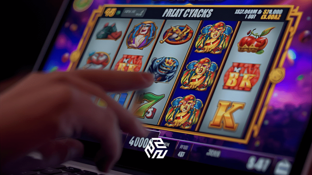 Player spinning online slot machine on laptop screen with vibrant reels and winning symbols
