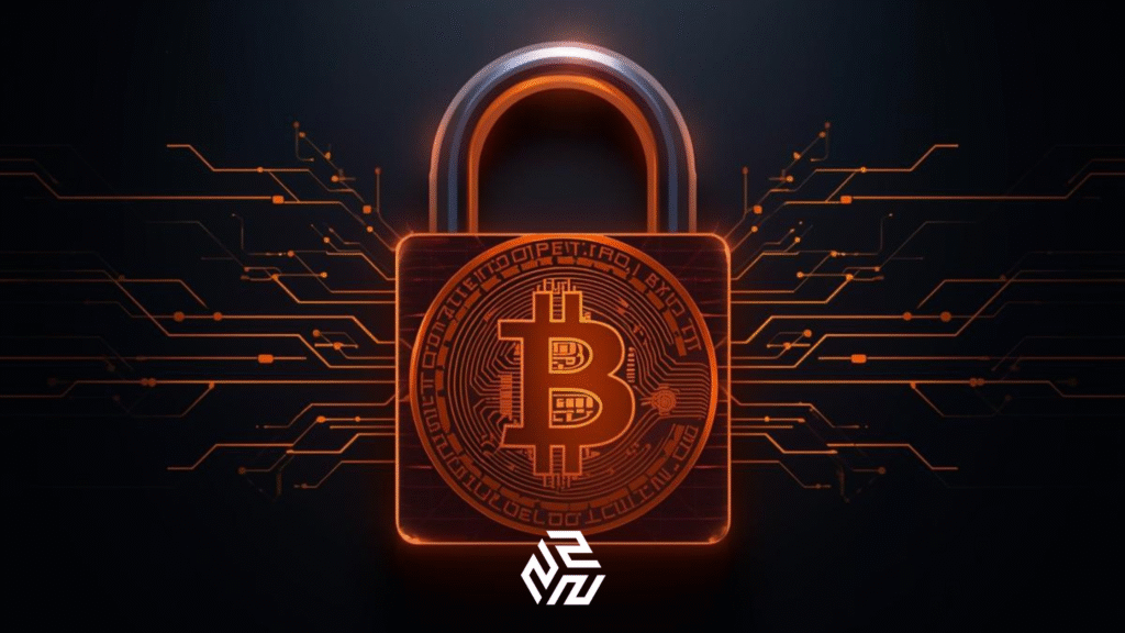 Digital lock and blockchain design symbolizing cryptocurrency security.
