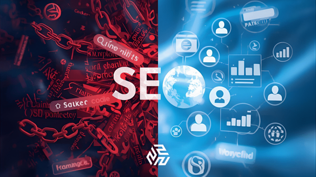 Conceptual art showing the contrast between outdated SEO myths and modern SEO truths.