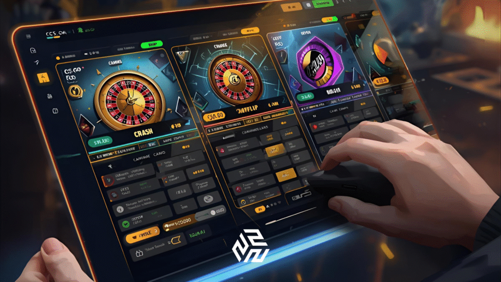 CS:GO gambling interface showing roulette, crash, and coinflip games for players